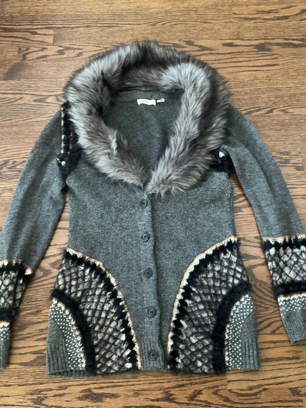 Anthropologie Sleeping on Snow women’s cardigan with fur collar, size M